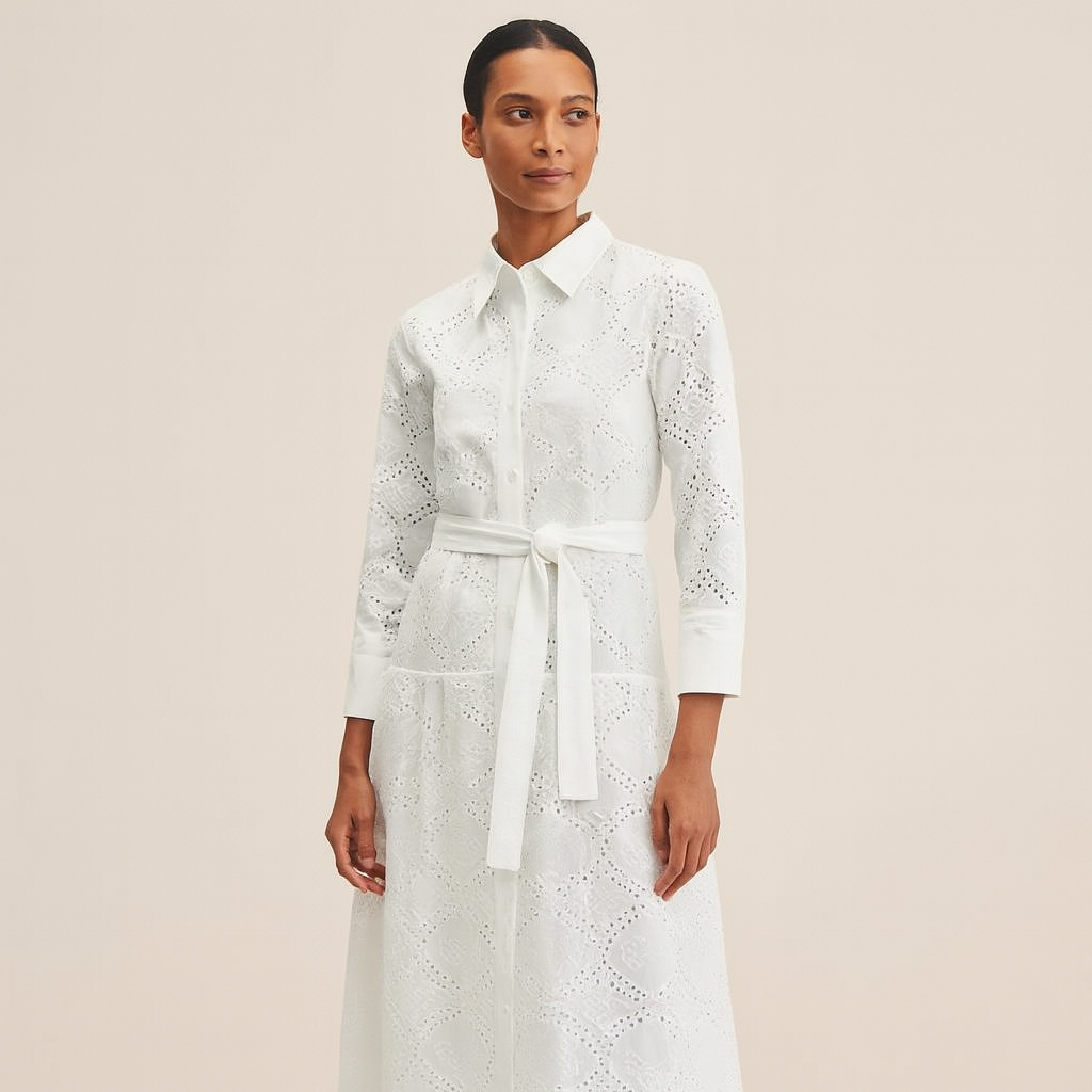LINA - Witte jurk met Borduursels en Tailleband
