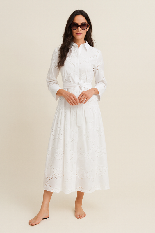 LINA - Witte jurk met Borduursels en Tailleband